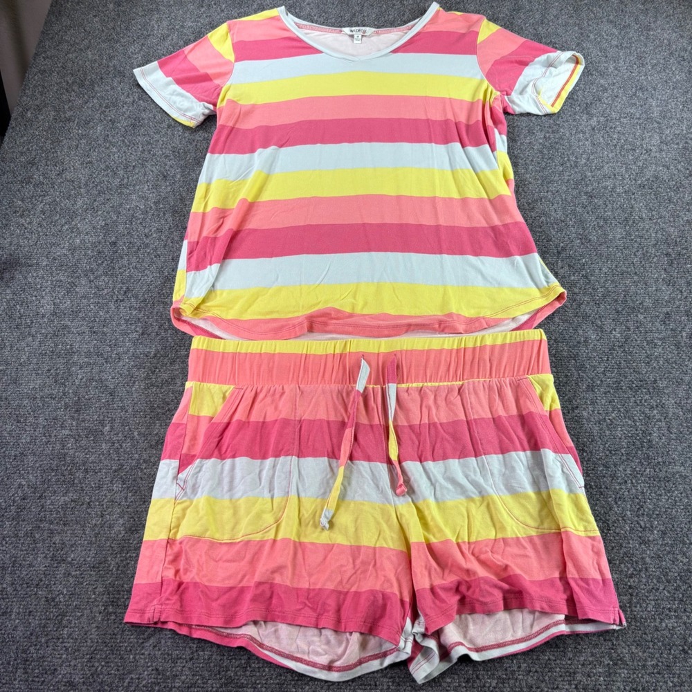 Wildfox Pajama Set Women Med Pink Yellow White Striped Rayon Spandex Loungewear